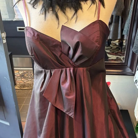 Max & Cleo Strapless Burgundy Party Dress with Bow Detail - Picture 3 of 13